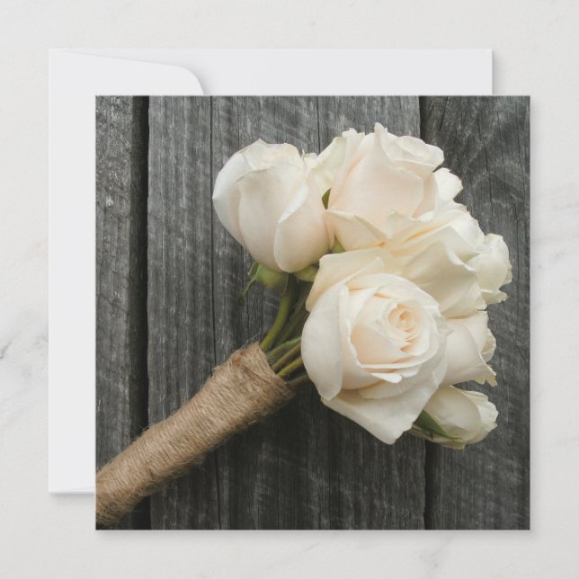 White Rose Bouquet & Barnwood Wedding Invitation (Front)