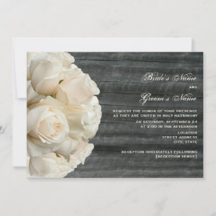 White Rose Bouquet & Barnwood Wedding Invitation
