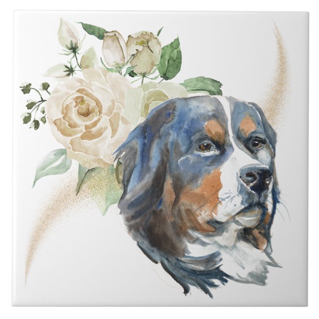 White Rose Bouquet Bernese Mountain Dog Tile (Front)