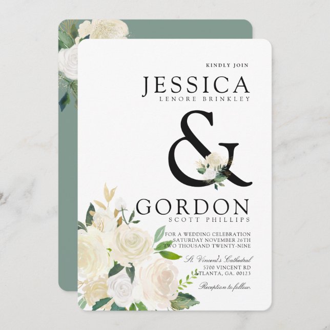 White Rose Bouquet | Bold Ampersand Wedding Invite (Front/Back)