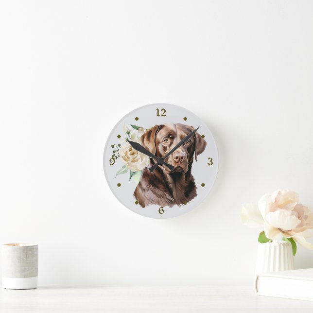 White Rose Bouquet Chocolate Labrador Retriever Round Clock (Home)