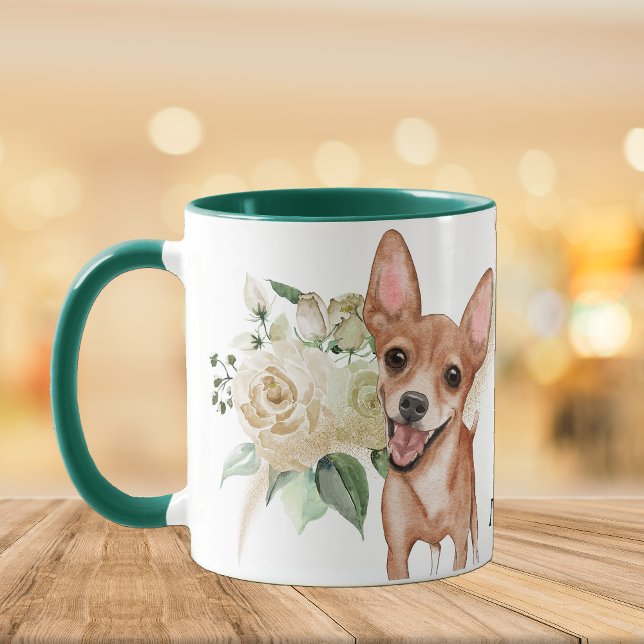 White Rose Bouquet Happy Chihuahua Dog Mug (Creator Uploaded)