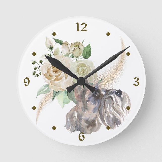 White Rose Bouquet Miniature Schnauzer Dog Round Clock (Front)