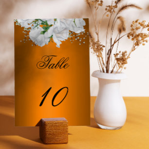 White Rose Bouquet on Burnt Orange Wedding Table Number