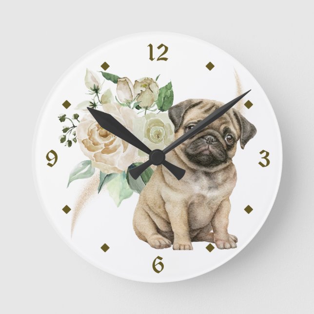 White Rose Bouquet Pug Puppy Round Clock (Front)