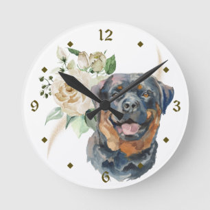 White Rose Bouquet Rottweiler Dog Round Clock