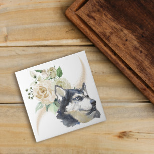 White Rose Bouquet Siberian Husky Dog Tile