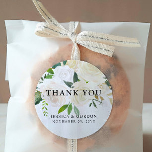 White Rose Bouquet Wedding Thank You Classic Round Sticker