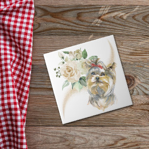 White Rose Bouquet Yorkshire Terrier Dog Tile