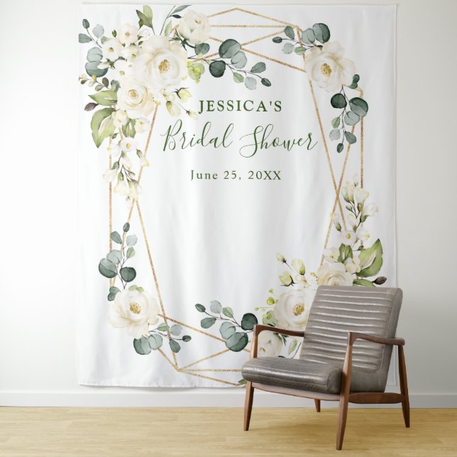 White Rose Bridal Shower Chic Photo Booth Backdrop Tapestry (In Situ)