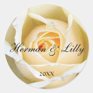 White Rose Bud Personalized Round Wedding Sticker