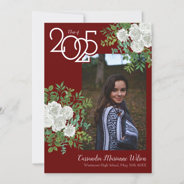 White Rose Burgundy Photo Faire-part de graduation (Devant)