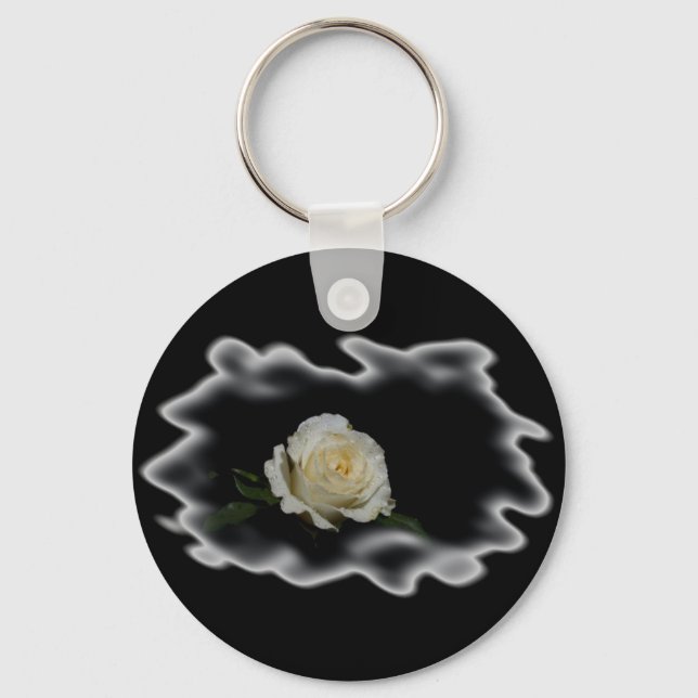 White Rose Burned Edges Keychain (Front)
