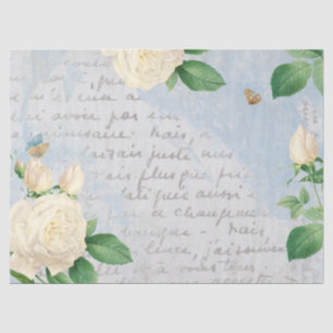 White Rose Butterfly French Script Blue Decoupage  Tissue Paper