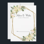 White Rose Chic Floral Gold Wedding Newlywed White Advice Card<br><div class="desc">Chic, elegant and formal Newlywed Wishes & Advice features romantic watercolor vanilla white roses with hints of blush pink displayed in leafy greenery on a timeless crisp white background. A sparkling golden colour geometric crystal-shaped frame provides a trendy touch. Personalize wedding design with your details in elegant charcoal grey lettering...</div>