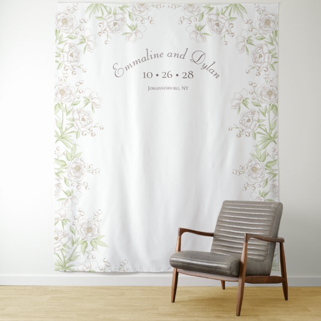 White Rose Classic Wedding Photo Backdrop Tapestry (In Situ)