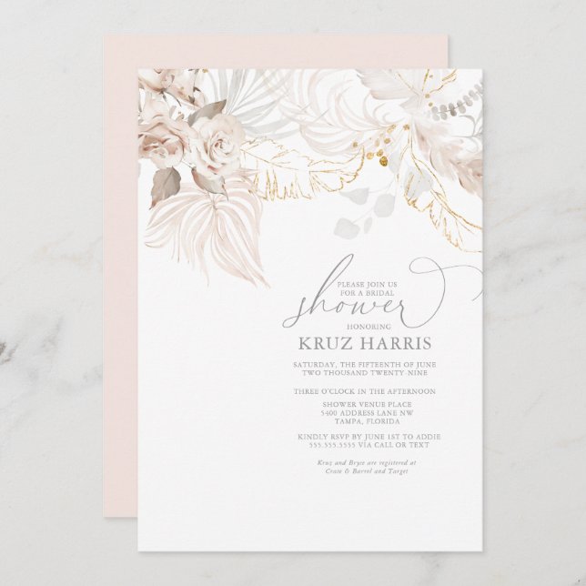 White Rose Dried Floral Boho Bridal Shower Invitat Invitation (Front/Back)