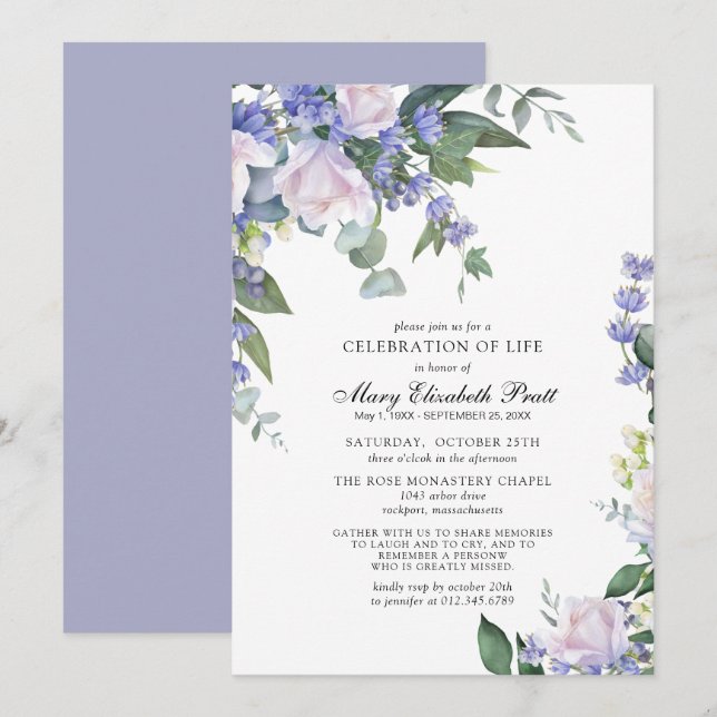 White Rose Dusty Blue Floral Celebration of Life  Invitation (Front/Back)