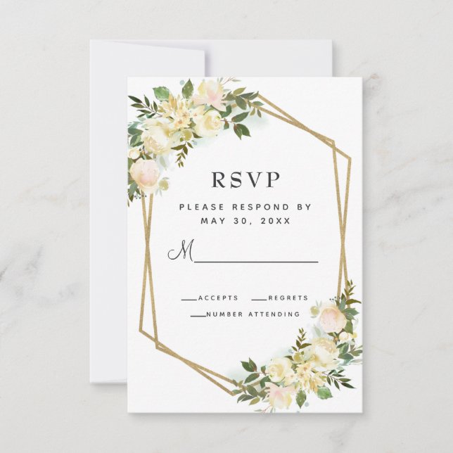 White Rose Elegant Floral Gold Frame Wedding White RSVP Card (Front)