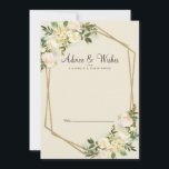 White Rose Elegant Floral Gold Wedding Newlywed Advice Card<br><div class="desc">Chic, elegant and formal Newlywed Wishes & Advice features romantic watercolor vanilla white roses with hints of blush pink displayed in leafy greenery on a timeless eggshell background. A sparkling golden colour geometric crystal-shaped frame provides a trendy touch. Personalize wedding design with your details in elegant charcoal grey lettering and...</div>