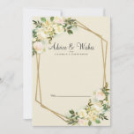 White Rose Elegant Floral Gold Wedding Newlywed Advice Card<br><div class="desc">Chic, elegant and formal Newlywed Wishes & Advice features romantic watercolor vanilla white roses with hints of blush pink displayed in leafy greenery on a timeless eggshell background. A sparkling golden colour geometric crystal-shaped frame provides a trendy touch. Personalize wedding design with your details in elegant charcoal grey lettering and...</div>