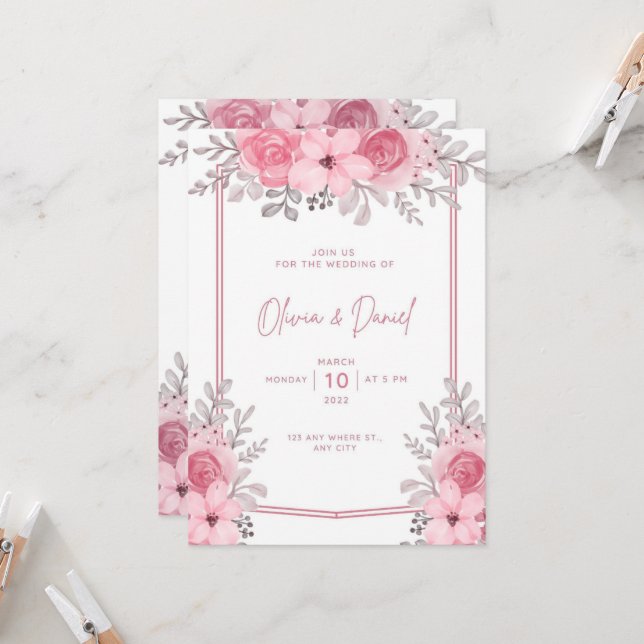 White Rose Elegant Mariage Invitation avec fleurs (Devant/Arrière en situation)