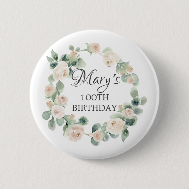 White Rose Eucalyptus Botanical 100TH Birthday 2 Inch Round Button (Front)