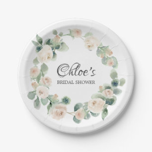 White Rose Eucalyptus Bridal Shower Paper Plate
