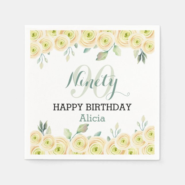 White Rose Eucalyptus Pretty Flora 90th Birthday Napkin (Front)