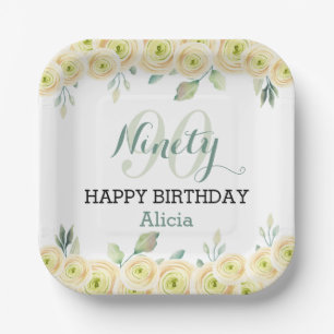 White Rose Eucalyptus Pretty Flora 90th Birthday Paper Plate