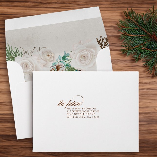 White Rose Eucalyptus Return Address Wedding RSVP Envelope (Winter Wedding RSVP Envelope self-addressed with Pine Eucalyptus and White Roses. )
