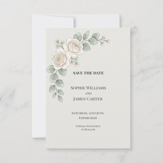 White Rose Eucalyptus Wedding Save The Date (Front)