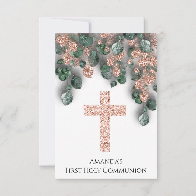 White Rose First Holy Communion Christian Cross Invitation (Back)
