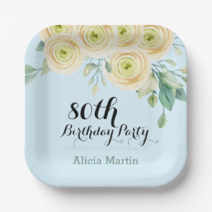 White Rose Flora Eucalyptus Blue 80th Birthday Paper Plate