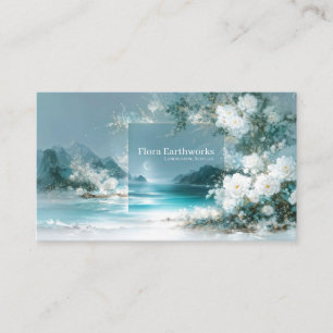 White Rose Floral and Turquoise Coastal Moon Frame Business Card