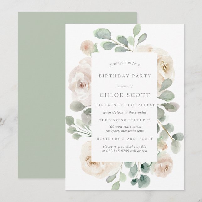 White Rose Floral Botanical Birthday Invitation (Front/Back)