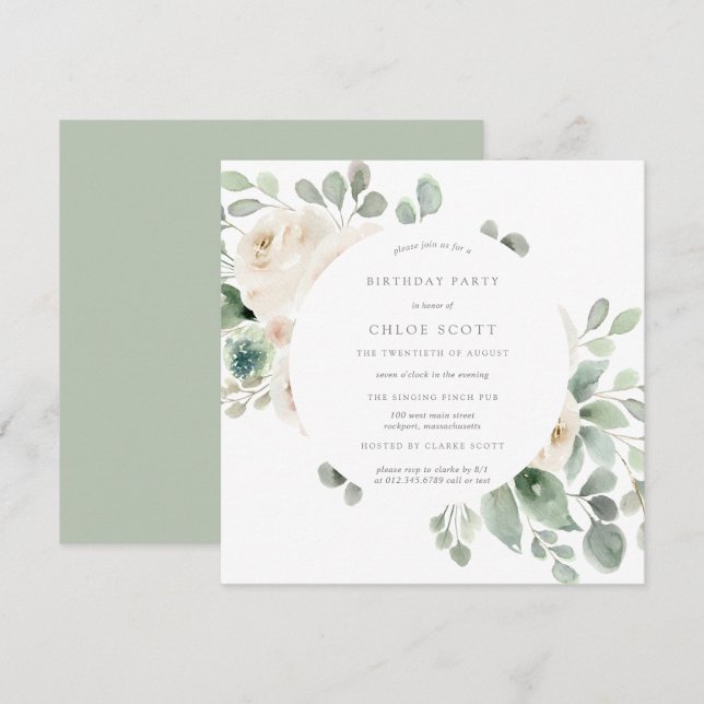 White Rose Floral Botanical Birthday Invitation (Front/Back)
