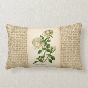 White Rose Floral Botanical Burlap Sack Vintage Lumbar Pillow