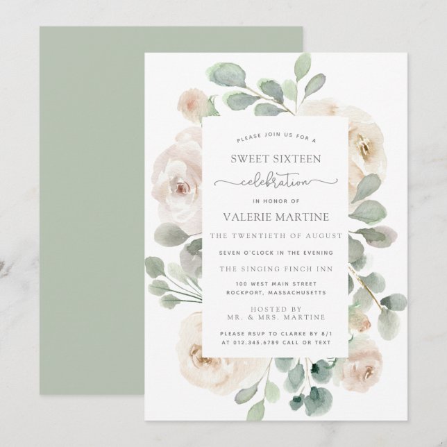 White Rose Floral Botanical Sweet Sixteen Party Invitation (Front/Back)