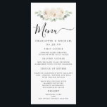 White Rose Floral Botanical Wedding Menu Card<br><div class="desc">Pretty menu design features white roses nestled in modern greenery. Menu is written in a trendy script font. There is room for you to list and describe four courses. You can easily add your information and adjust the position. This item is party of the White Rose Botanical Wedding collection.</div>