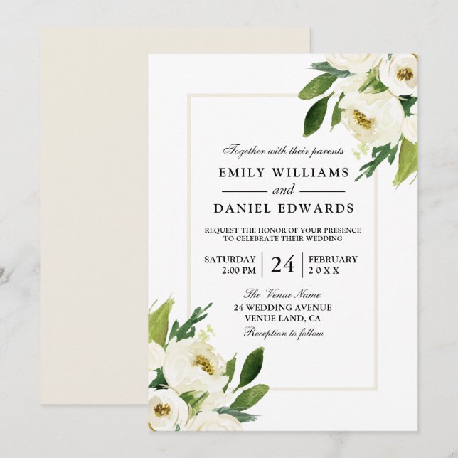 White Rose Floral Cream Wedding Invitation (Front/Back)