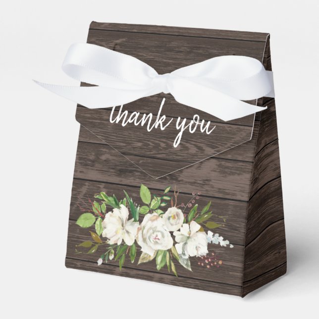 White Rose Floral Dark Brown Wood Rustic Wedding Favor Box (Front Side)