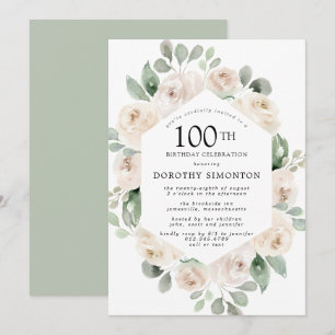 White Rose Floral Eucalyptus 100th Birthday Party Invitation
