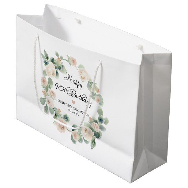 White Rose Floral Eucalyptus Wreath 90th Birthday Large Gift Bag (Front Angled)