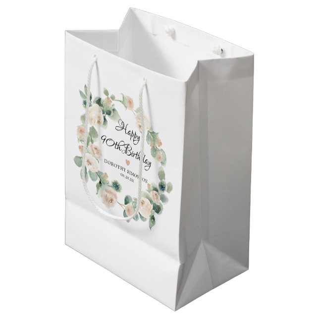 White Rose Floral Eucalyptus Wreath 90th Birthday Medium Gift Bag (Front Angled)