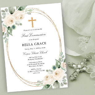 White Rose Floral First Holy Communion Invitation