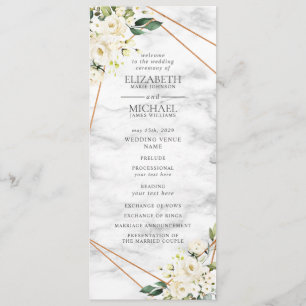 White Rose Floral Geometric Marble Wedding Program