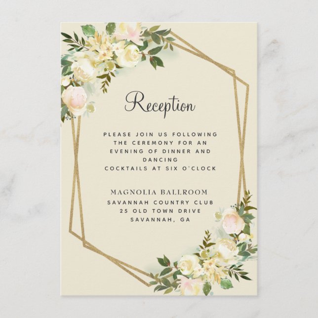White Rose Floral Gold Wedding Reception Enclosure Card (Front)