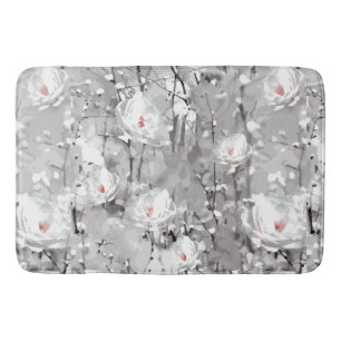 White rose floral grey pink elegant bath mat