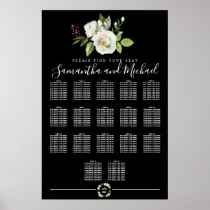 White Rose Floral on Black 17-Table Seating Chart